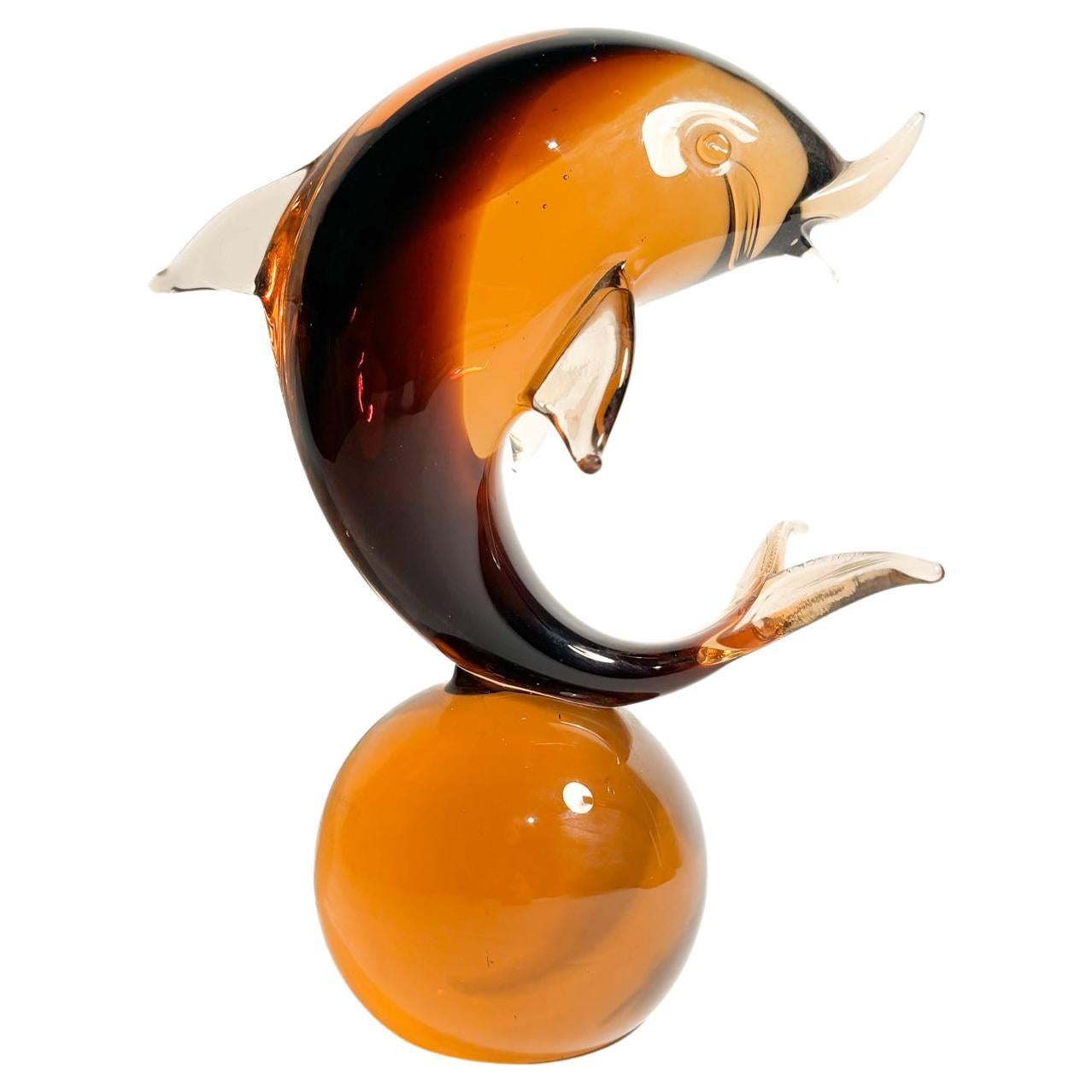 Dolphin Sculpture in Orange Murano Glass Attributed to Seguso from the 1960s For Sale