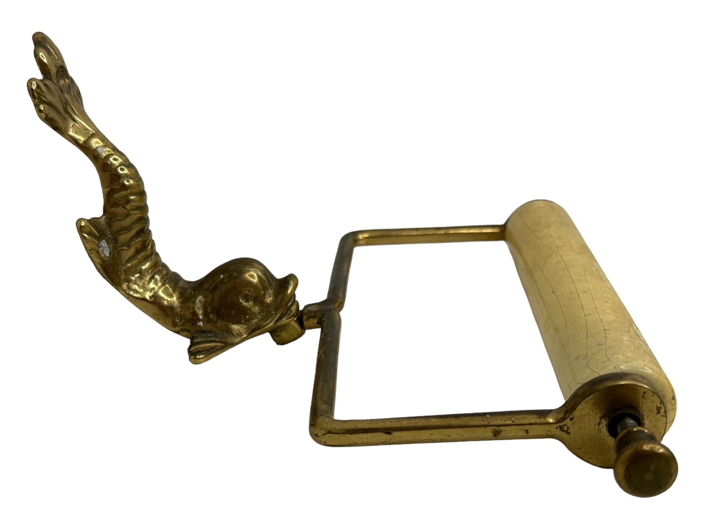 Hollywood Regency Dolphin Sea Serpent Brass Bathroom Toilet Roll Wall Holder, Antique Austria 1910