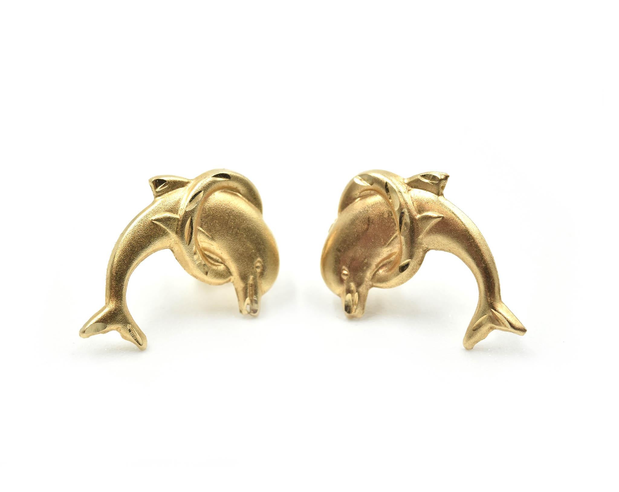 Modern Dolphin Stud Earrings 14 Karat Yellow Gold