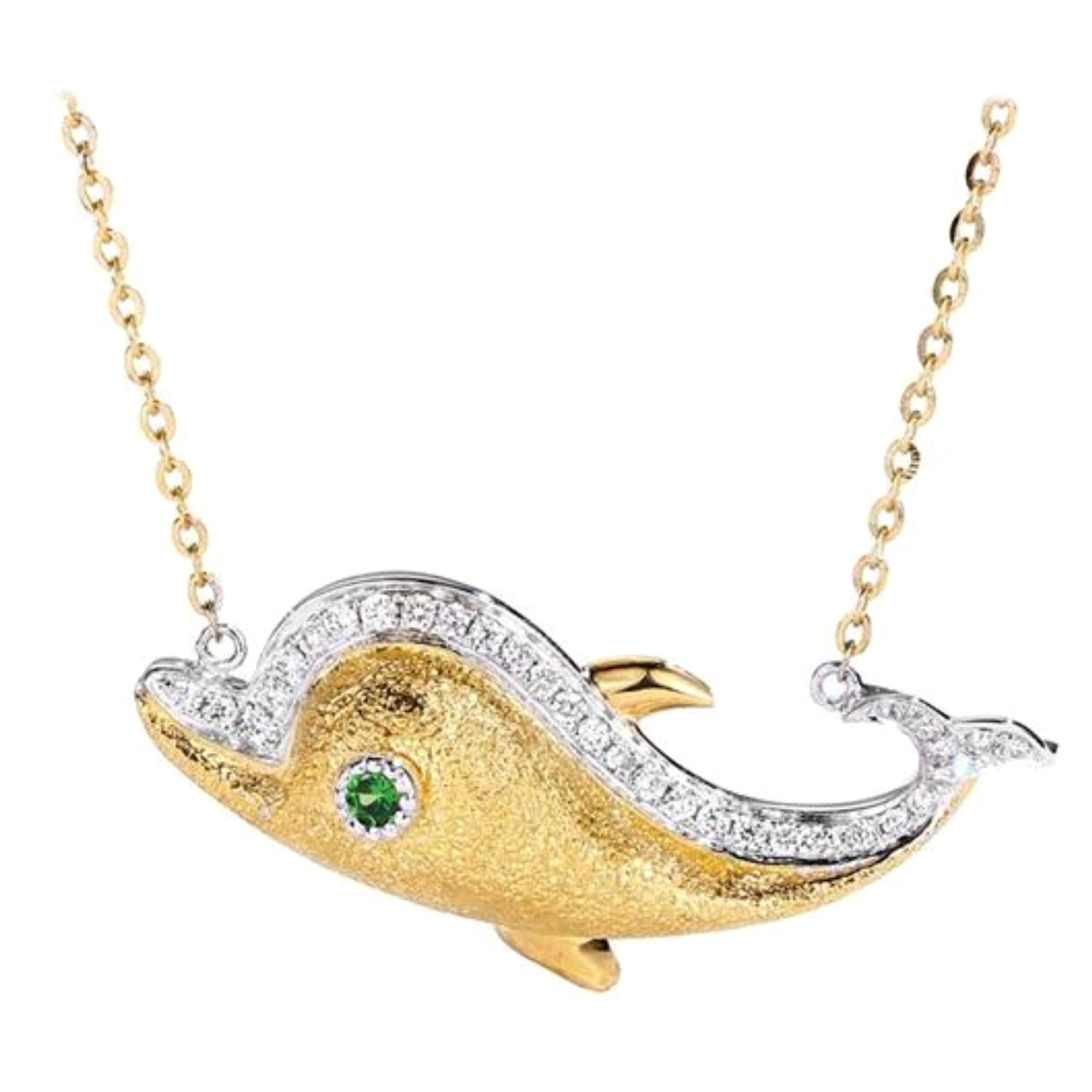 Dolphin Tsavorite Diamond Necklace 18 Karat Yellow and White Gold For Sale