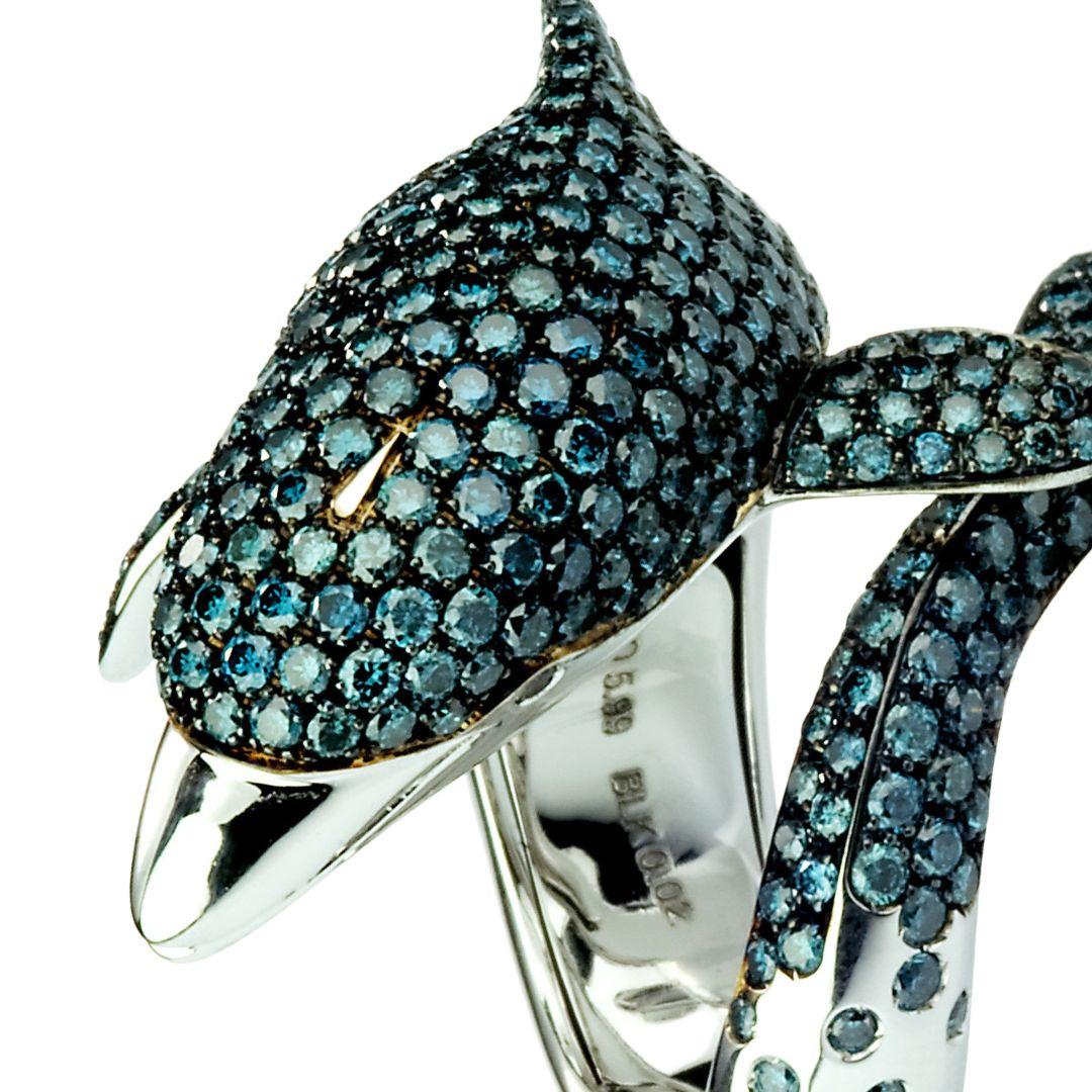 Artisan Dolphin White Diamond Blue Diamond Pavè Fashion Ring in 18 Karat White Gold For Sale