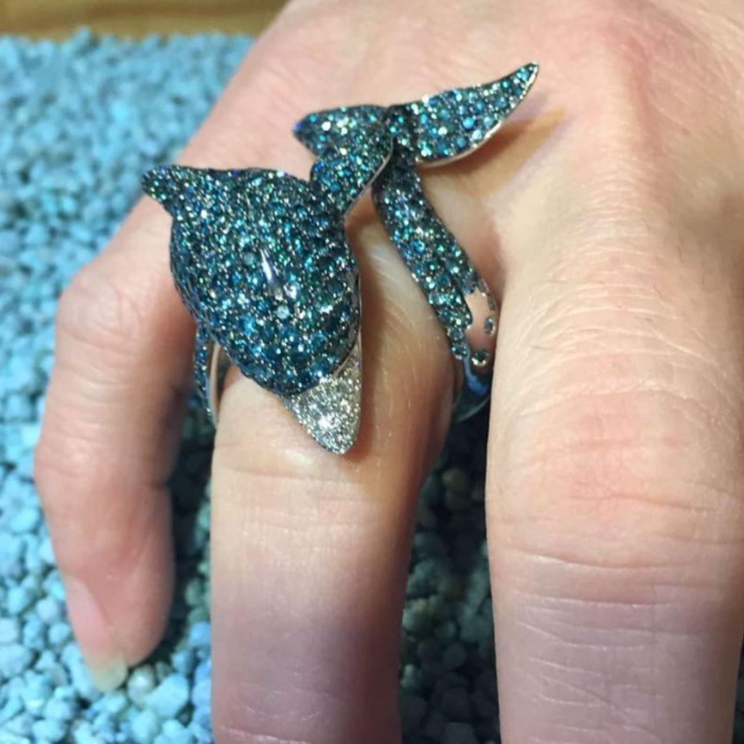 Brilliant Cut Dolphin White Diamond Blue Diamond Pavè Fashion Ring in 18 Karat White Gold For Sale
