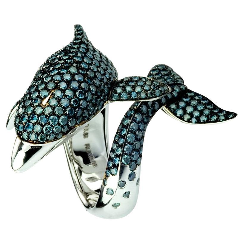 Dolphin White Diamond Blue Diamond Pavè Fashion Ring in 18 Karat White Gold For Sale