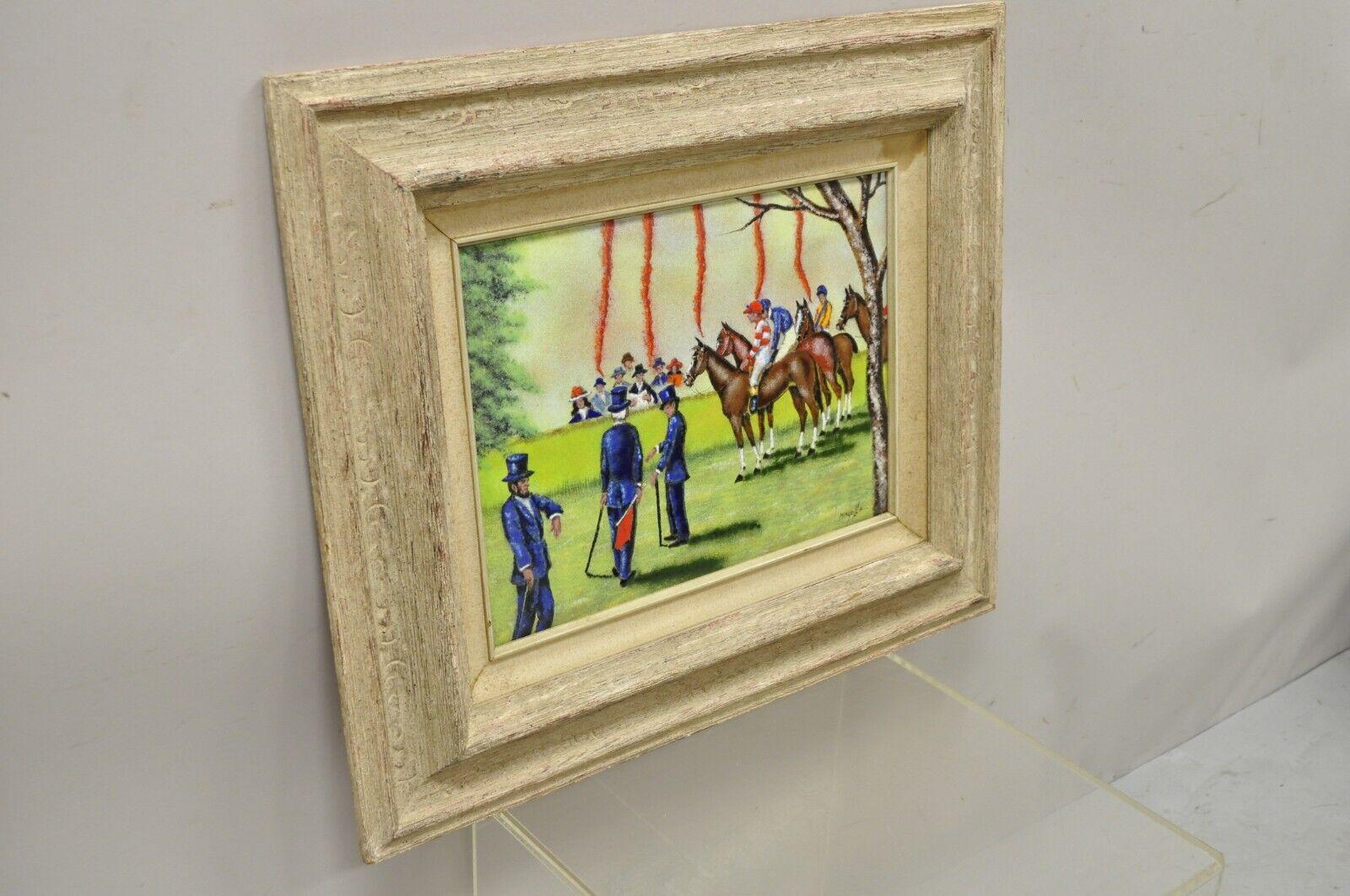 Dom Dominic Mingolla Enamel on Copper Framed Painting Horse Jockey Race Derby For Sale 4
