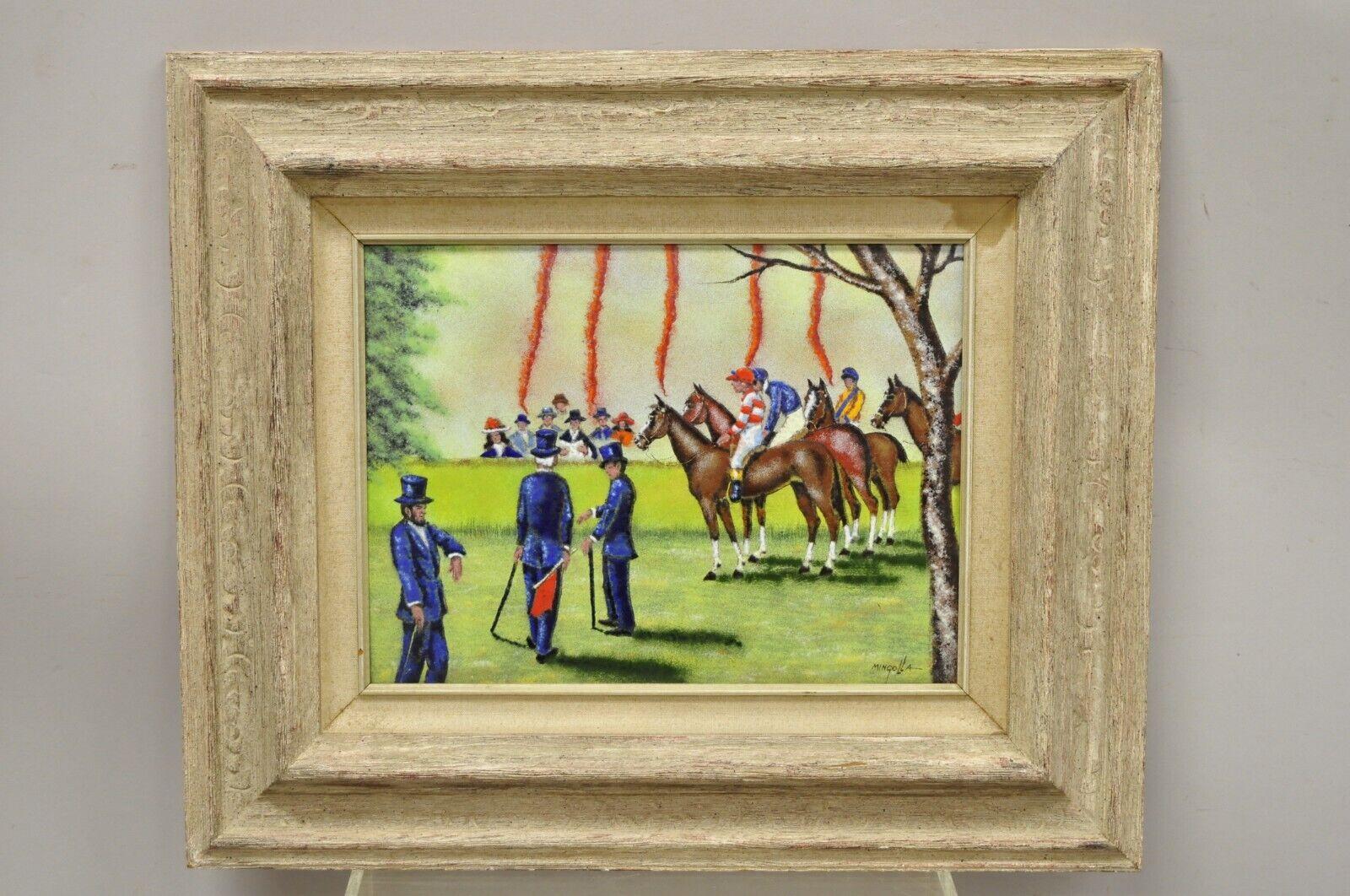 Dom Dominic Mingolla Enamel on Copper Framed Painting Horse Jockey Race Derby For Sale 6