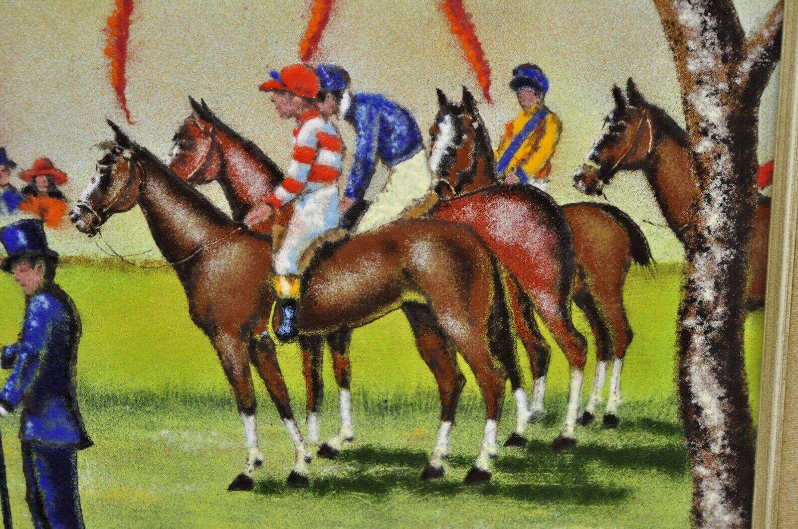 Modern Dom Dominic Mingolla Enamel on Copper Framed Painting Horse Jockey Race Derby For Sale