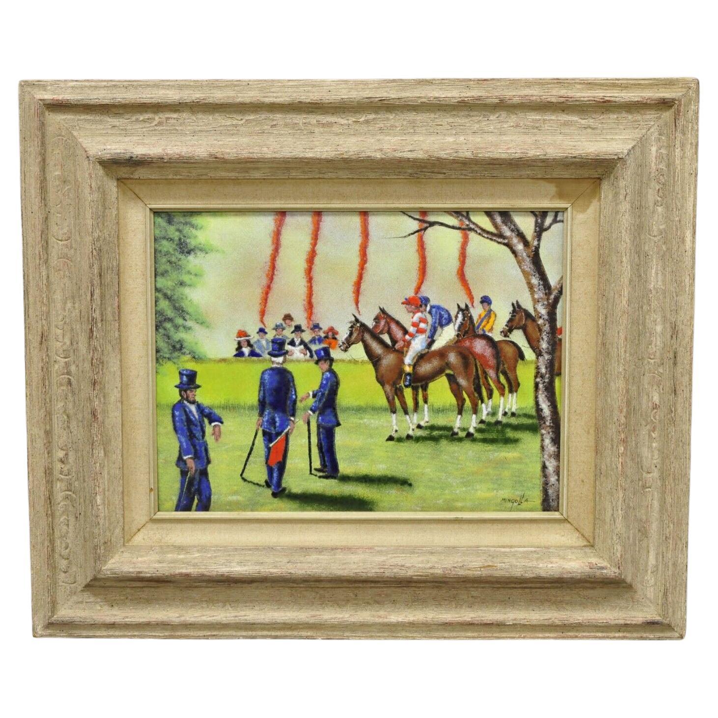 Dom Dominic Mingolla Enamel on Copper Framed Painting Horse Jockey Race Derby