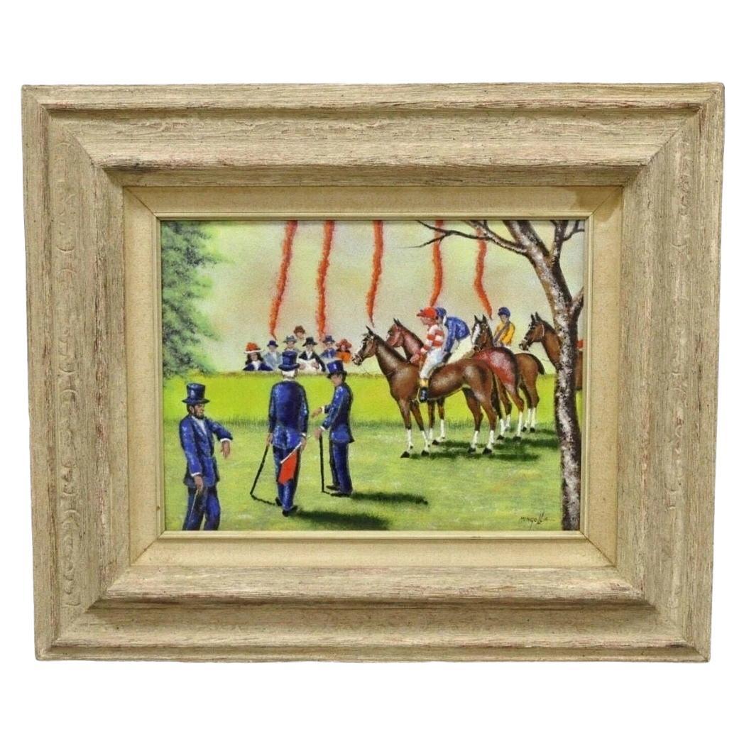 DOM Dominic Mingolla Emaille auf Kupfer gerahmt Gemälde Pferd Jockey Rennen Derby im Angebot