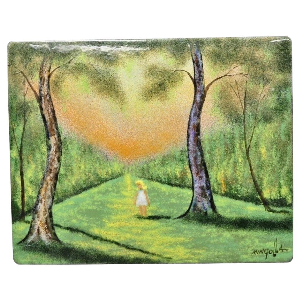 Dom Dominic Mingolla Enamel on Copper Girl in Green Forest and Tall Trees 8 x 10