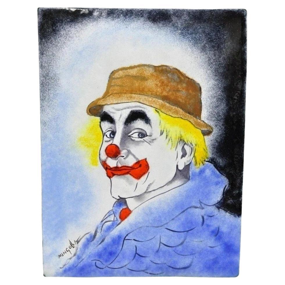 Dom Dominic Mingolla Enamel on Copper Painting Clown in Hat Portrait 12 x 9