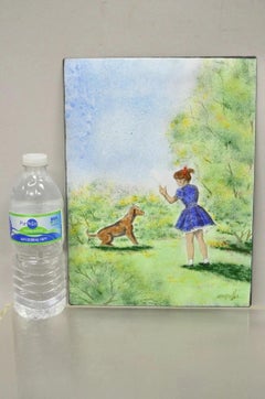 Dom Dominic Mingolla Enamel on Copper Painting Girl with Dog in Field 12 x 9