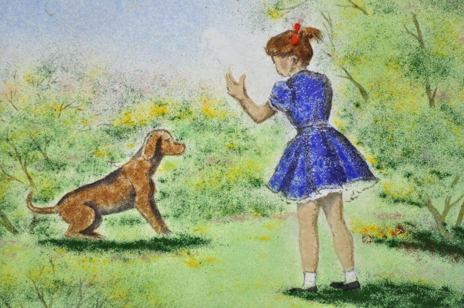 little girl in corner with dog painting