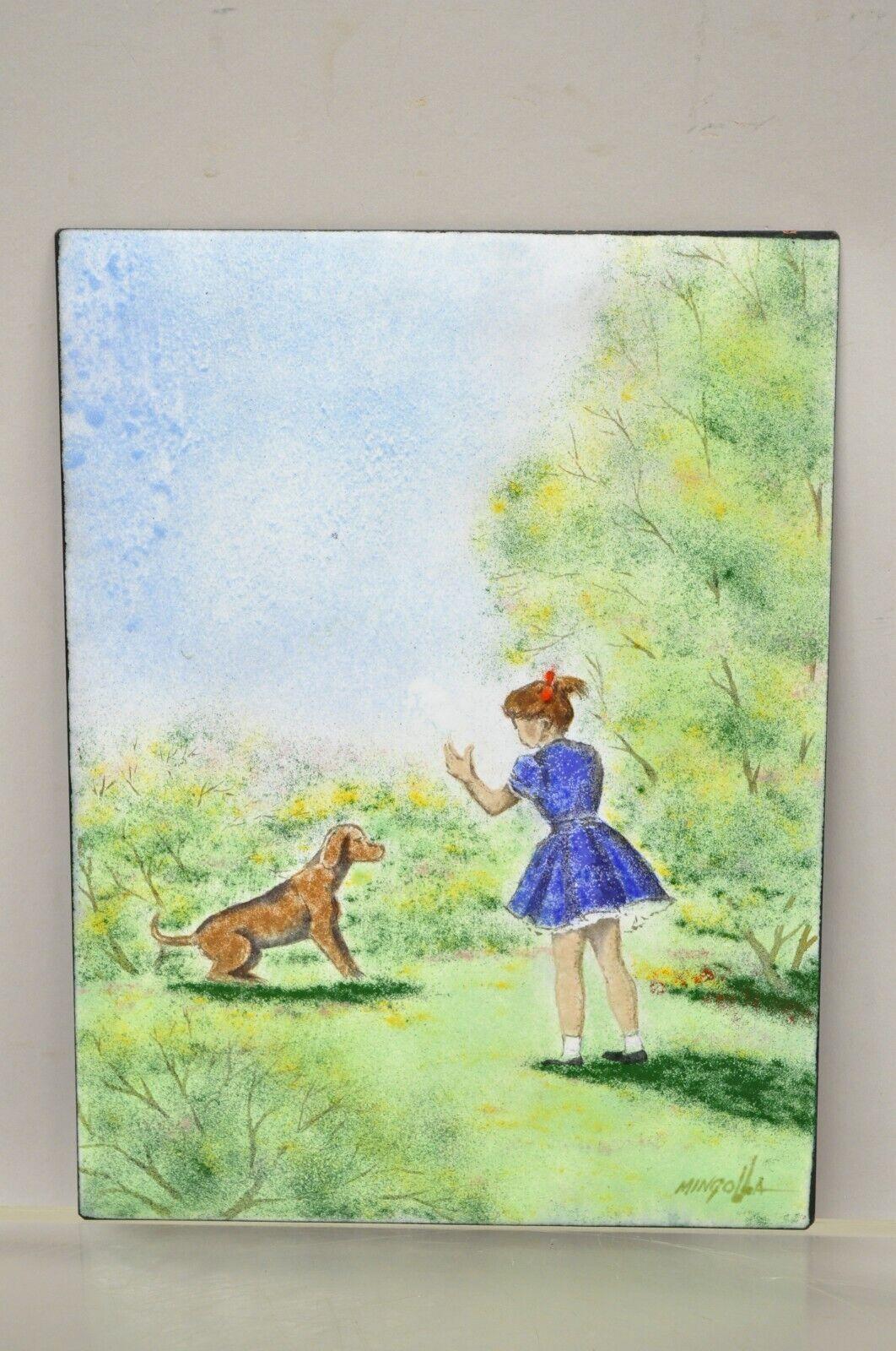 20th Century Dom Dominic Mingolla Enamel on Copper Painting Girl with Dog in Field 12 x 9 For Sale
