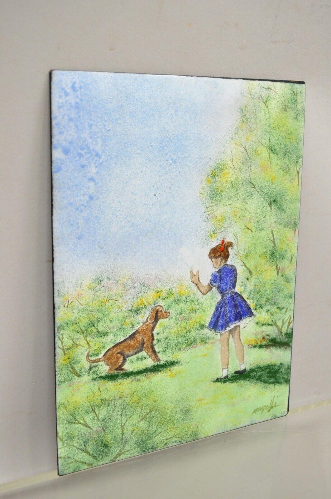 Dom Dominic Mingolla Enamel on Copper Painting Girl with Dog in Field 12 x 9 For Sale 1