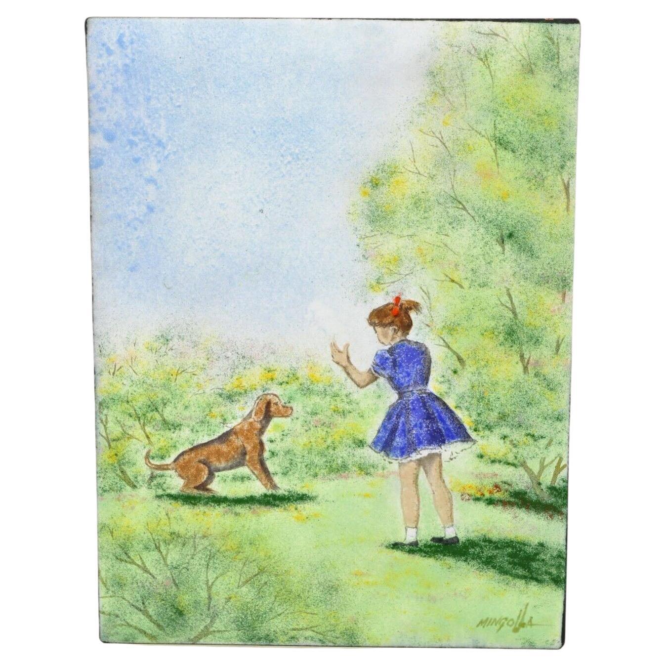Dom Dominic Mingolla, peinture en émail sur cuivre représentant une fille avec un chien dans un champ 12 x 9