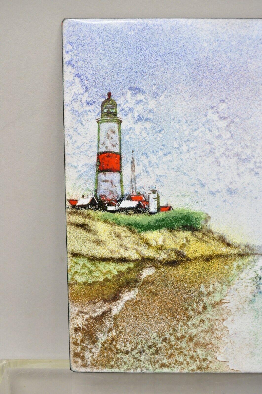 Modern Dom Dominic Mingolla Enamel on Copper Painting Red Lighthouse Shoreline For Sale