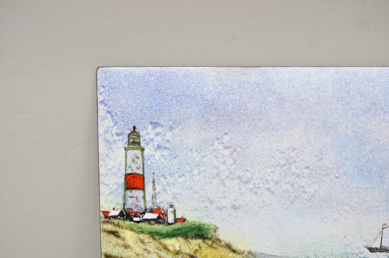 Dom Dominic Mingolla Enamel on Copper Painting Red Lighthouse Shoreline In Good Condition For Sale In Philadelphia, PA