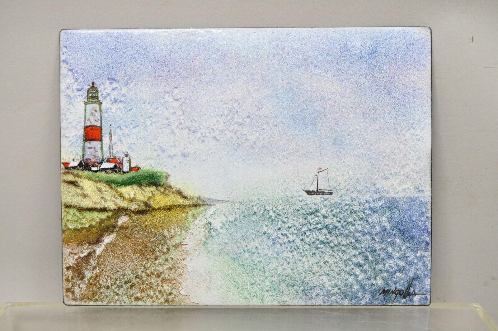 Dom Dominic Mingolla Enamel on Copper Painting Red Lighthouse Shoreline For Sale 4