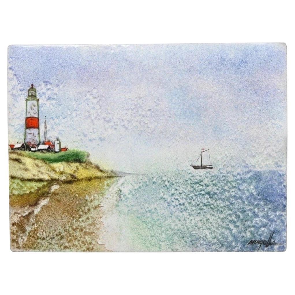DOM Dominic Mingolla Emaille auf Kupfer Gemälde Red Lighthouse Shoreline 9 x 12 im Angebot