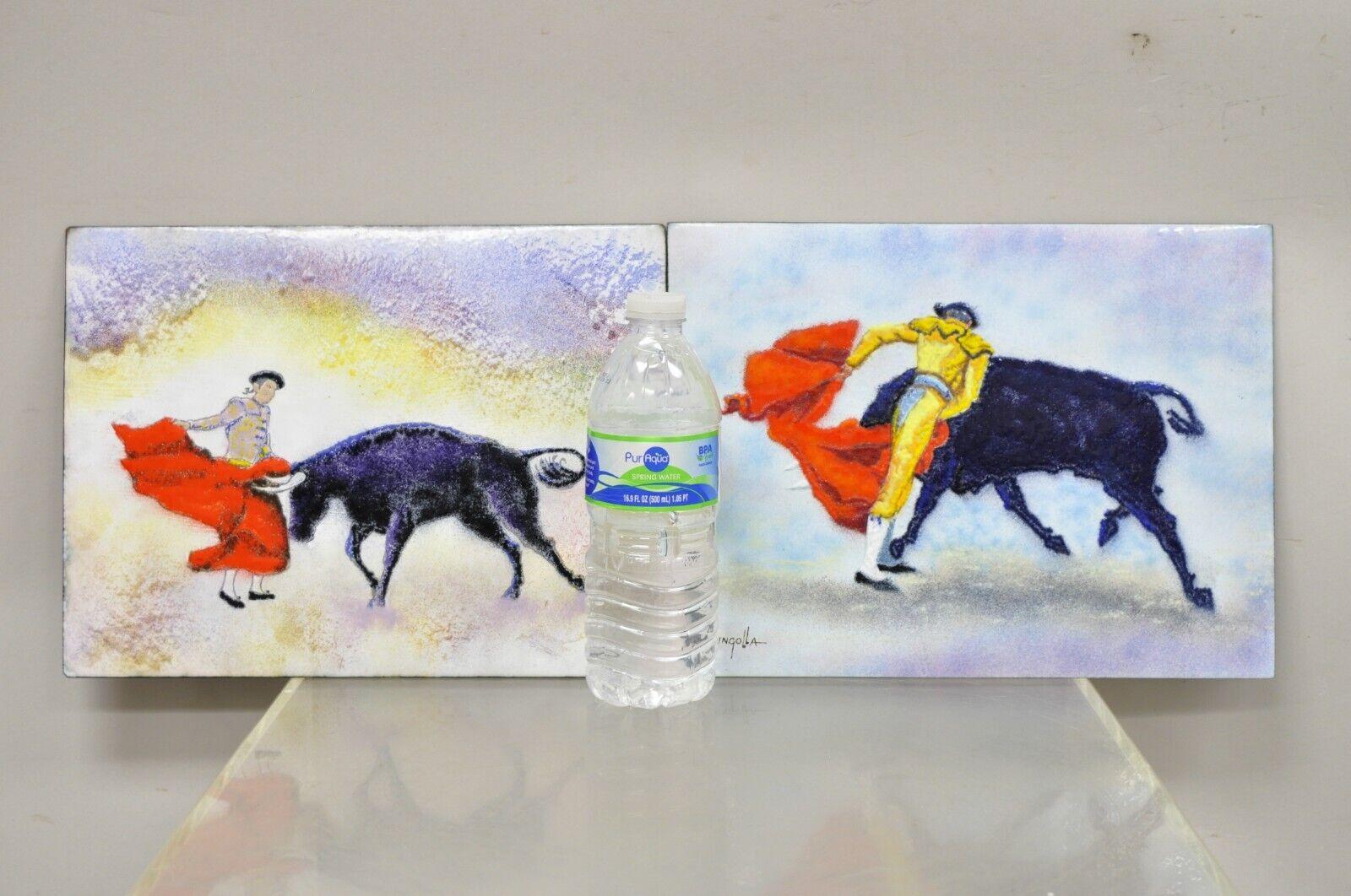 Dom Dominic Mingolla Enamel on copper painting Spanish Matador 9 x 12 - a Pair. Listing includes (2) Paintings included, enamel on copper medium, artist signature to bottom left and right corner, beautiful subject and color, unframed. Circa Late