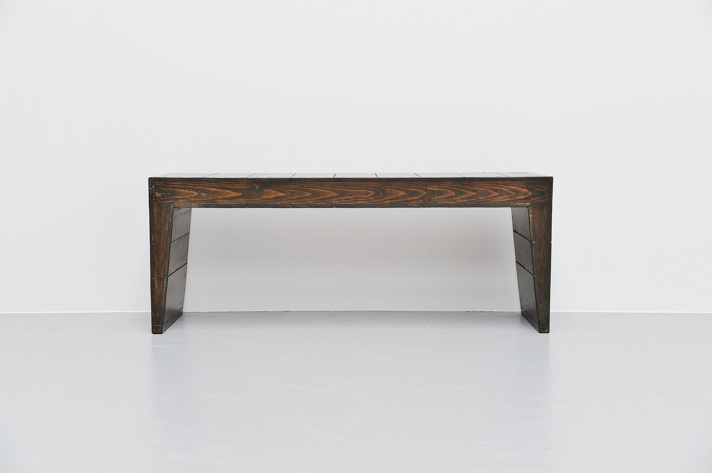 Rare bench designed by Dom Hans van der Laan and executed by Jan de Jong for a private house in Rosmalen, Holland, 1973. This stool comes from the first owner of the house who was still living there the present day. The stool has very nice dark