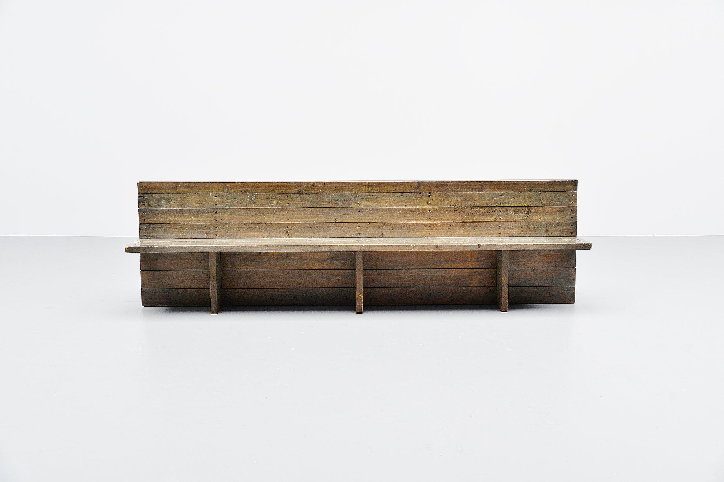 Rare long bench designed by Dom Hans van der Laan and executed by Jan de Jong for the Sint-Willibrorduskerk Almelo, 1964. This bench comes from the church who had several of these benches in the interior of which only a few survived probably, have a