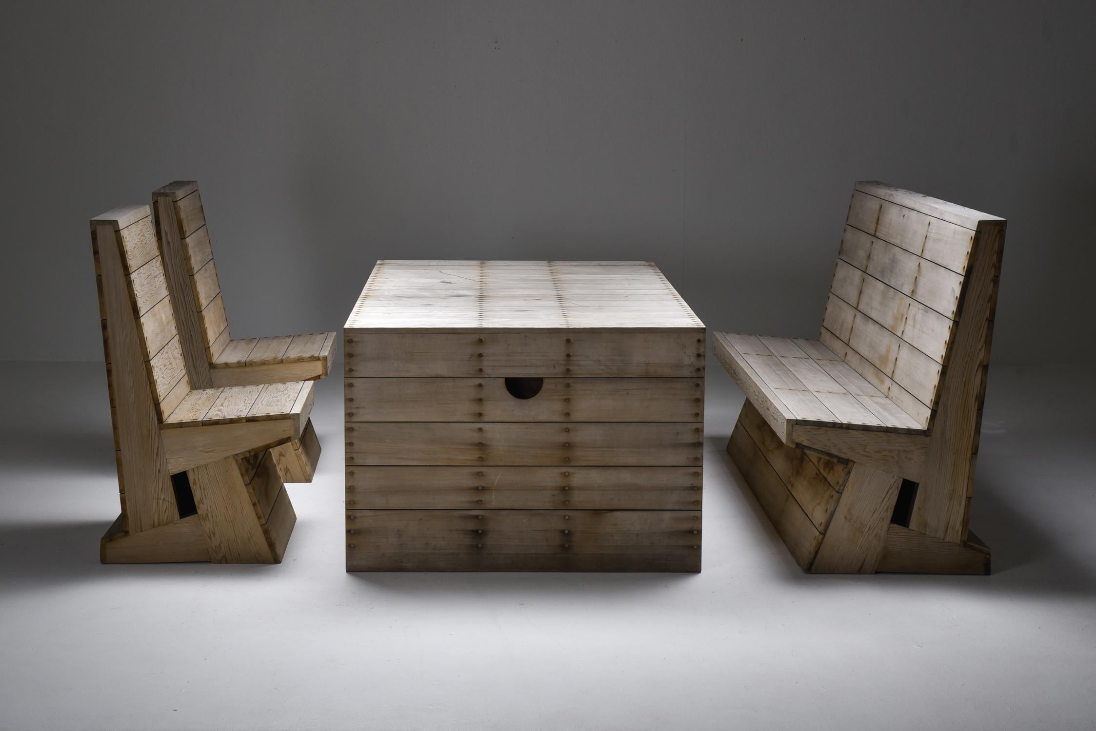 Dom Hans van der Laan, Jan de Jong, Bossche school, outdoor dining set, Netherlands, 1970s.

Rare set in cedar consisting of a table, bench and two chairs, designed by Dom Hans van der Laan and executed by Jan de Jong for a private residence 1970s