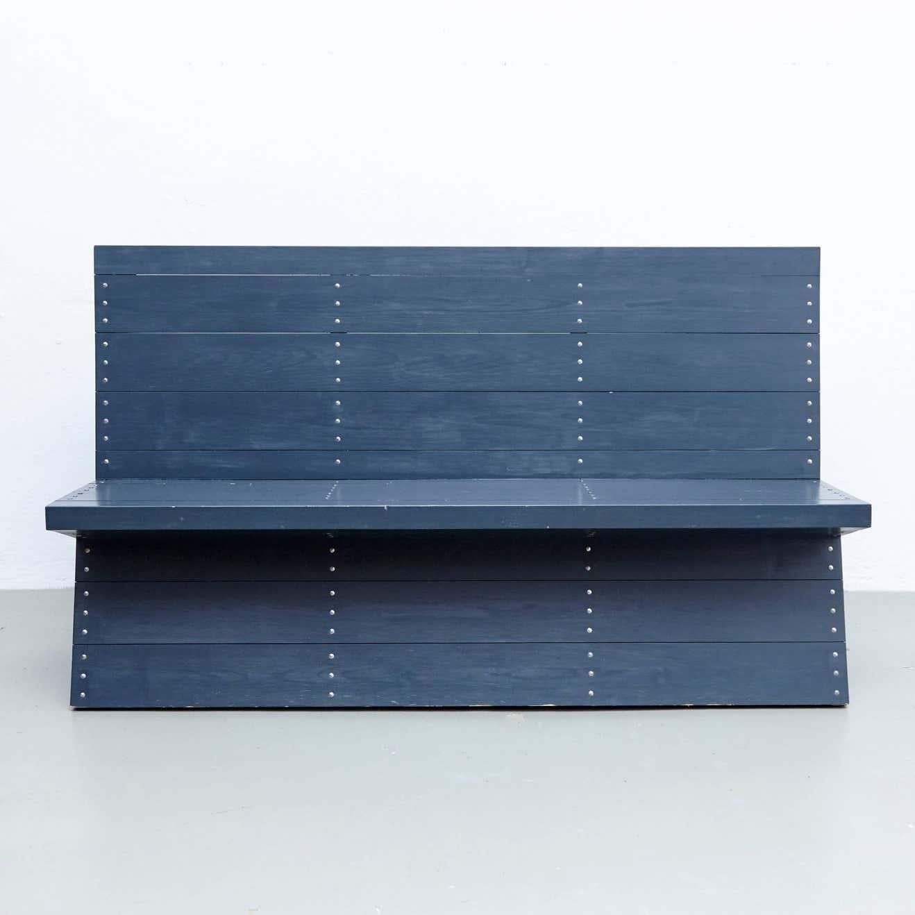 Bench designed by Dom Hans van der Laan in the Netherlands.
Manufactured in The Netherlands, circa 1980.

Lacquered wood seat and backrest with nails.

In good original condition, with minor wear consistent with age and use, preserving a