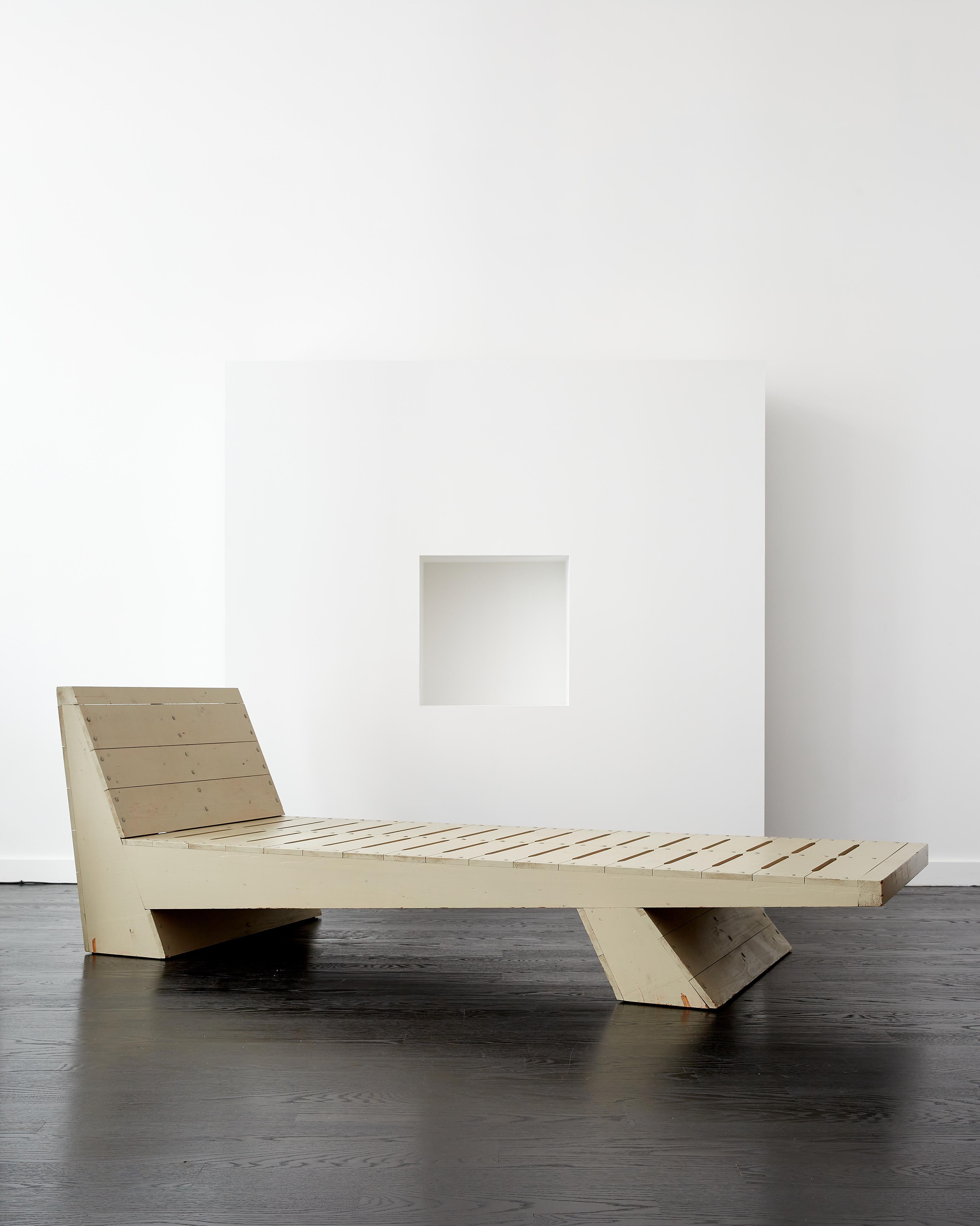 Dom Hans van der Laan unique daybed with headrest.

Nijmegen, the Netherlands c. 1970.

From home of Architect, Dick Pouderoyen.

Pine, steel nails, paint.

Pouderoyen was a close friend of van der Laan and worked closely with him on the furniture