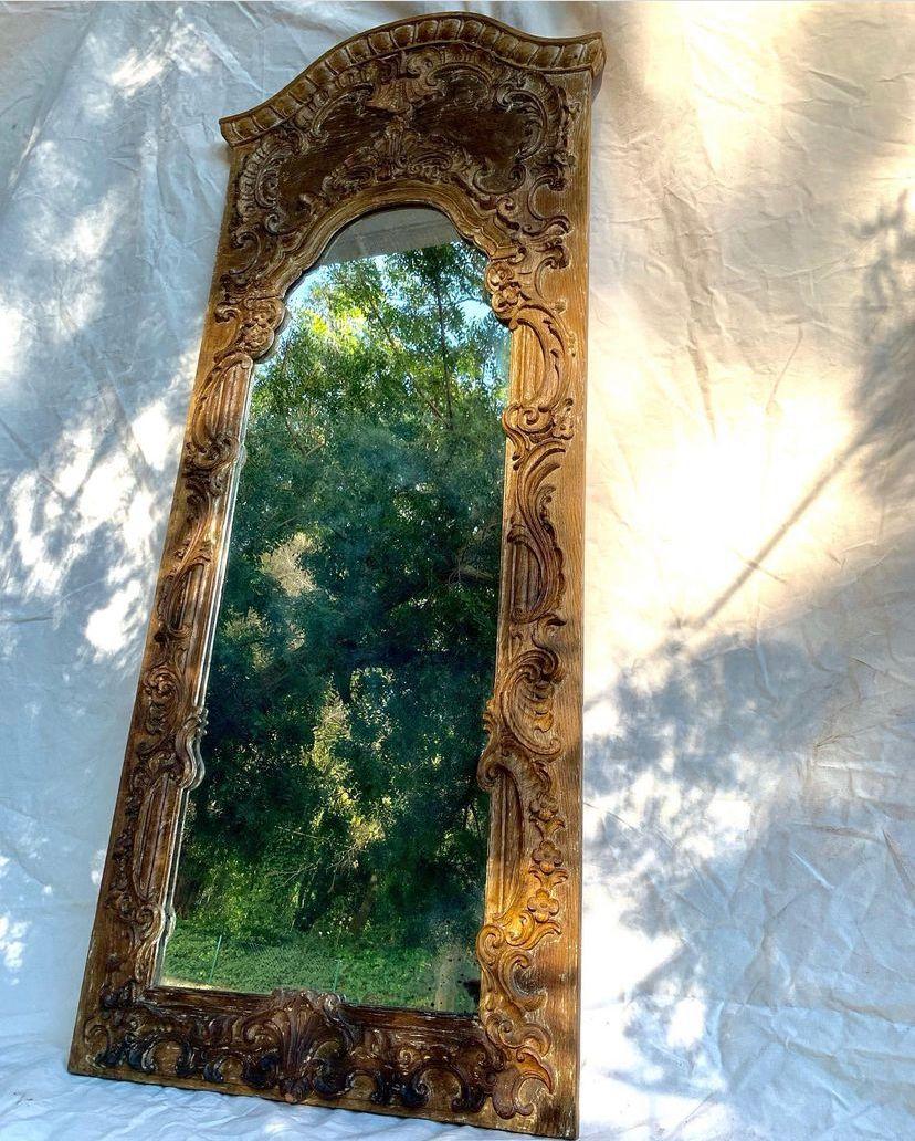 Dom Joao V mirror, carved chestnut wood. Remains of ancient gilding. Portugal 18th century