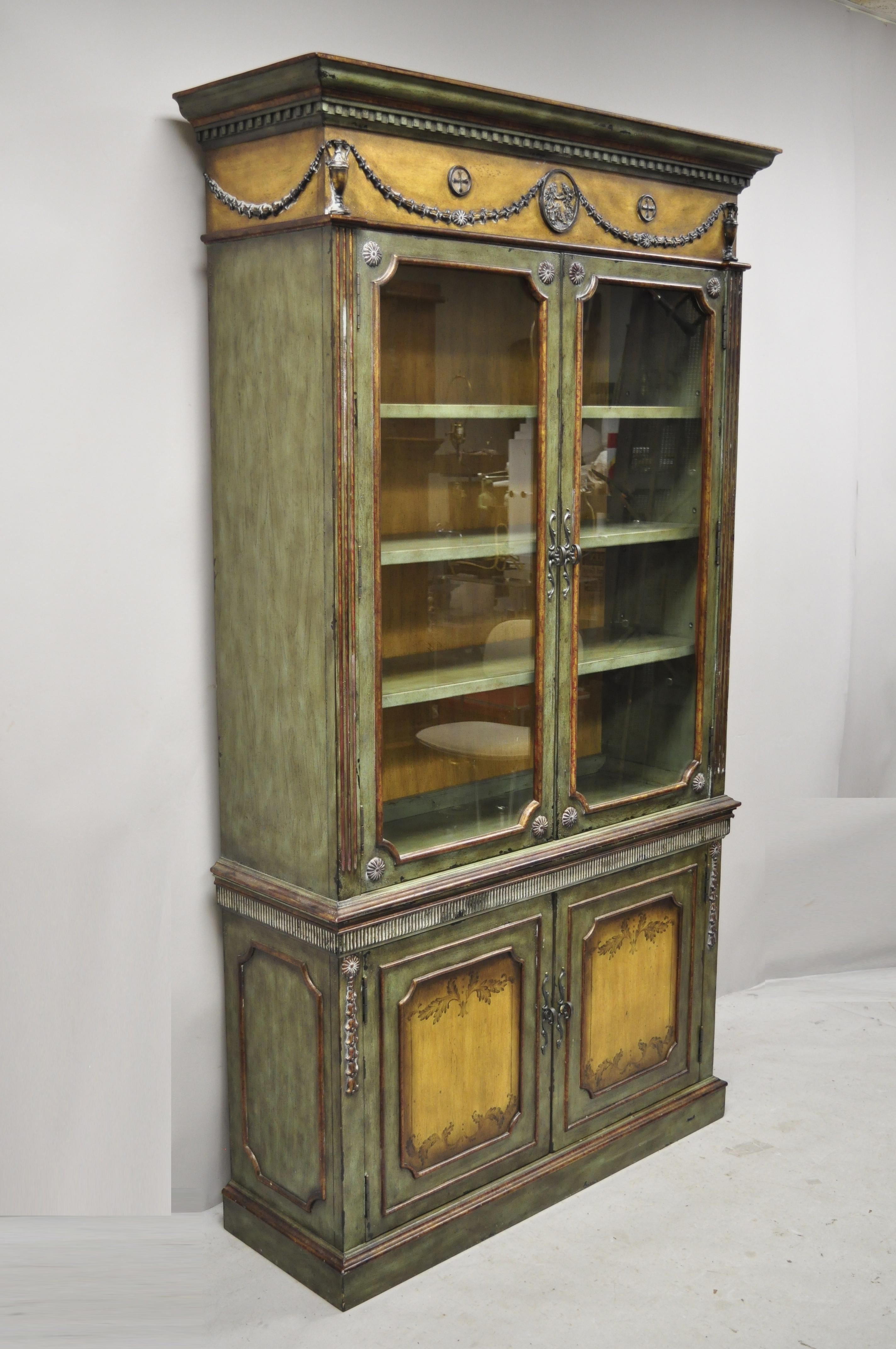 Domain Home Fashions French Country Provincial style green distress painted cupboard cabinet hutch. Item features distressed finish, nicely carved details, 2 part construction, 2 glass swing doors, original label, 4 adjustable shelves, circa 21st