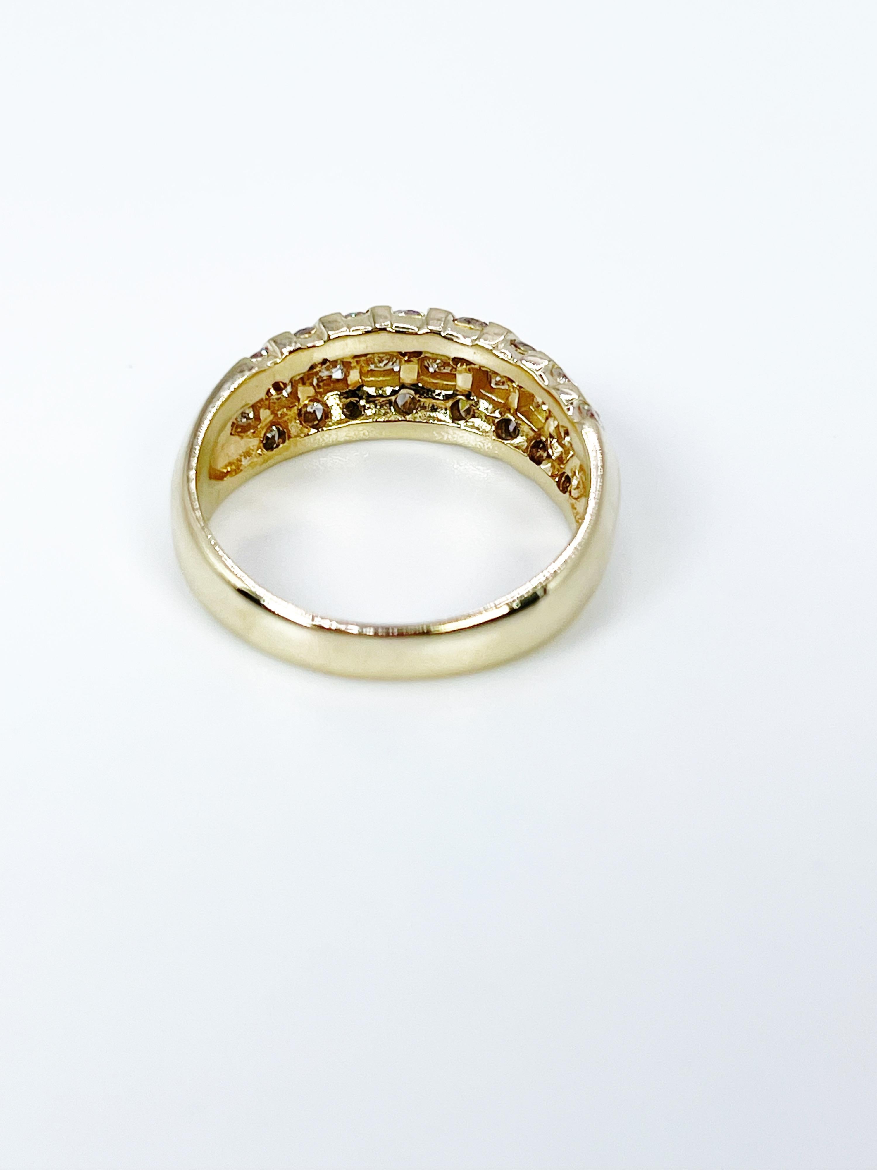 Elegant dome ring in 14KT yellow gold made with natural VS diamonds and art deco elements. Can be re-sized.

GRAM WEIGHT: 5.66gr
GOLD: 14KT yellow gold

NATURAL DIAMOND(S)
Cut: Round Brilliant, Square Brilliant (Princess) 
Color: G-H