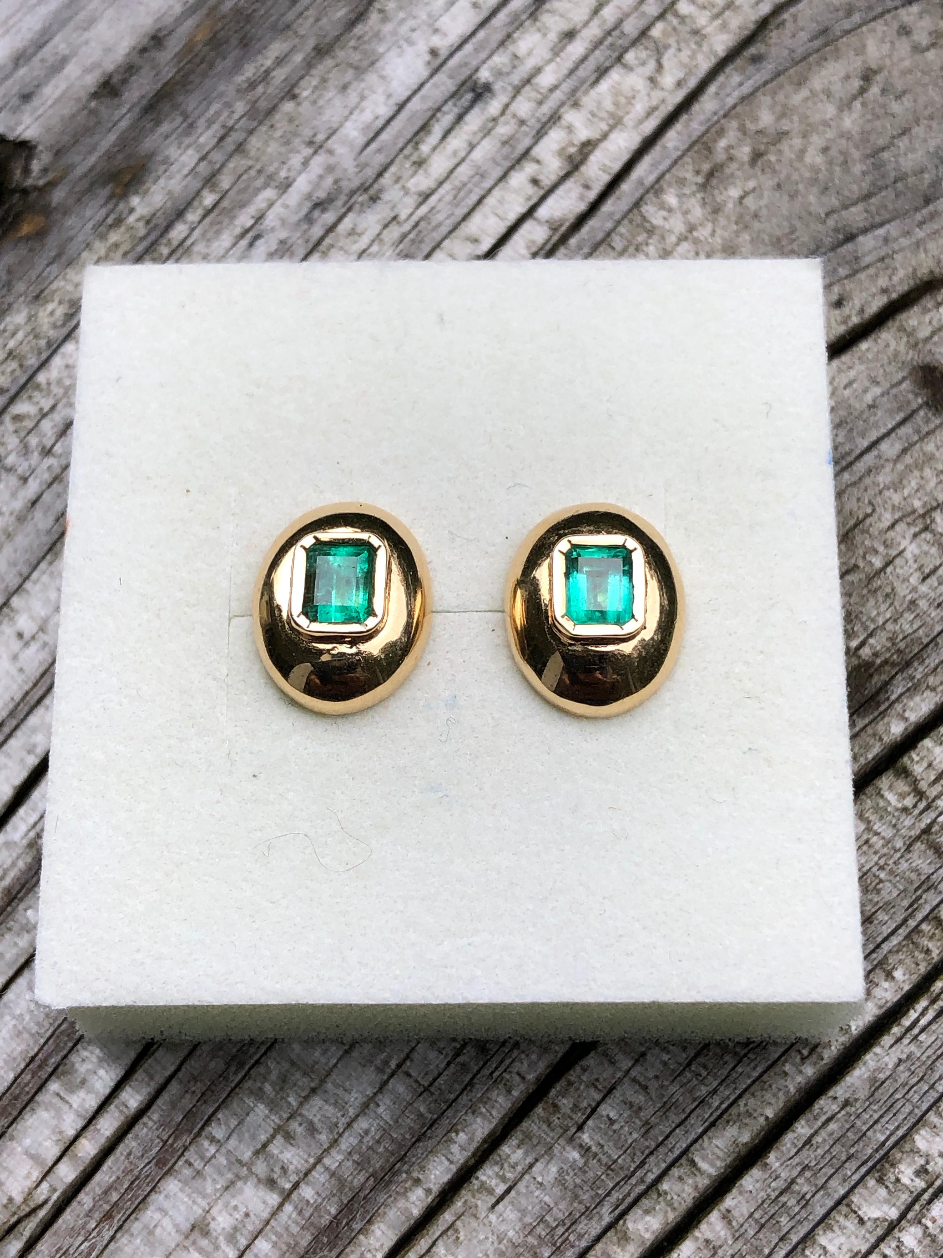 Emerald Cut Dome Earrings Colombian Emerald 18 Karat Gold