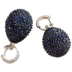 Dome Earrings in Silver and 18 Karat Gold Set with Diamonds and Blue Sapphires