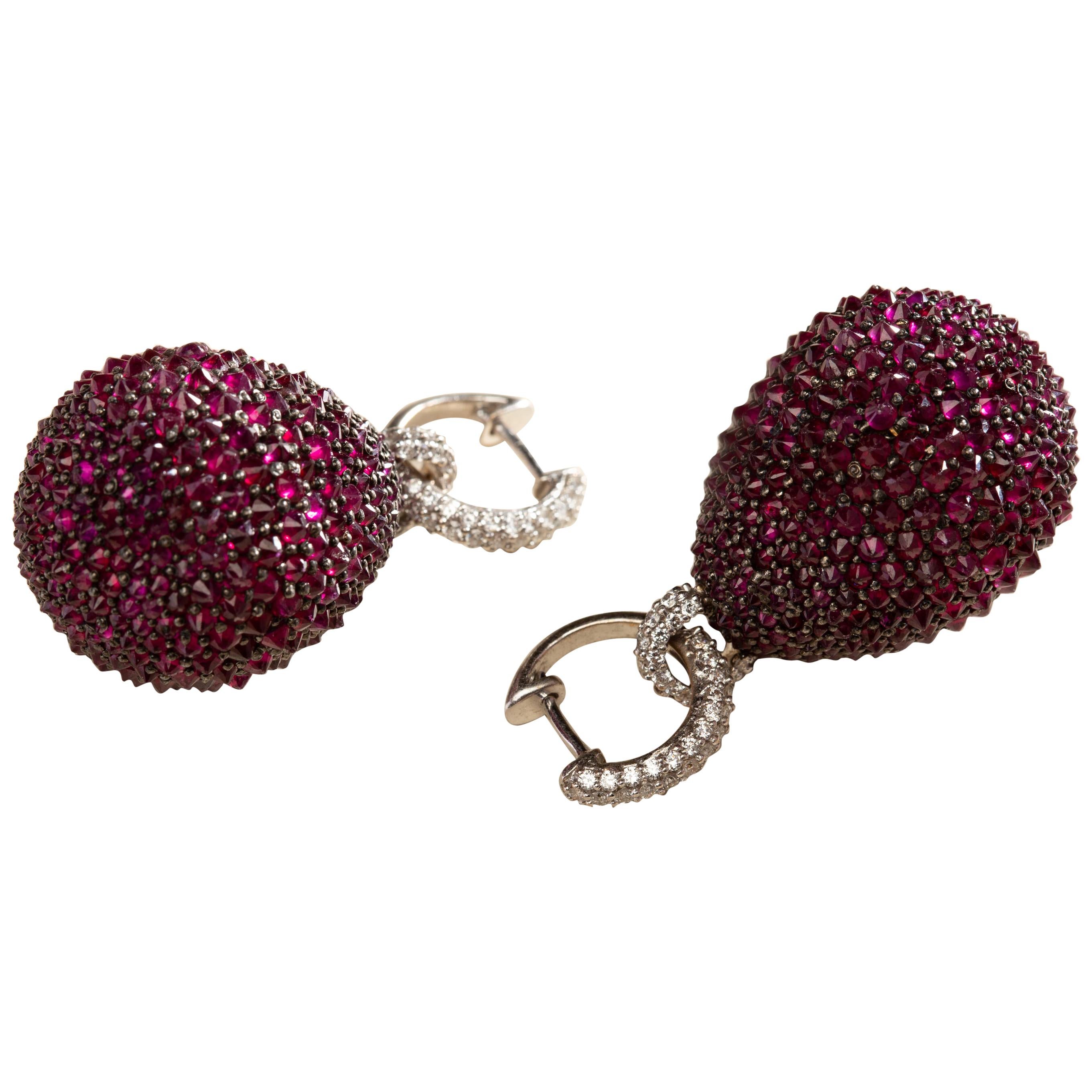 Dome Earrings in Silver and 18 Karat Gold Set with Diamonds and Rubies For Sale