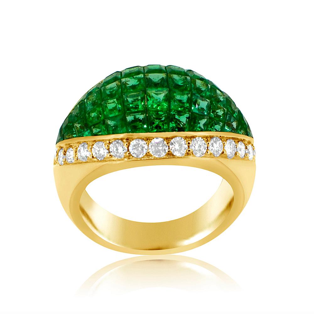 Square Cut Dome Emerald Invisible Setting Ring & Diamonds 18 karat Gold Emerald Dome For Sale
