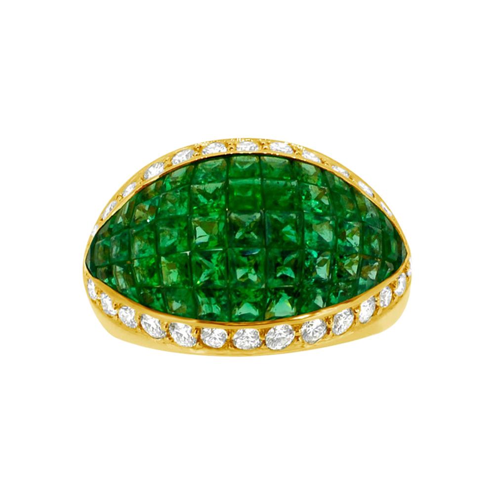 Dome Emerald Invisible Setting Ring & Diamonds 18 karat Gold Emerald Dome For Sale