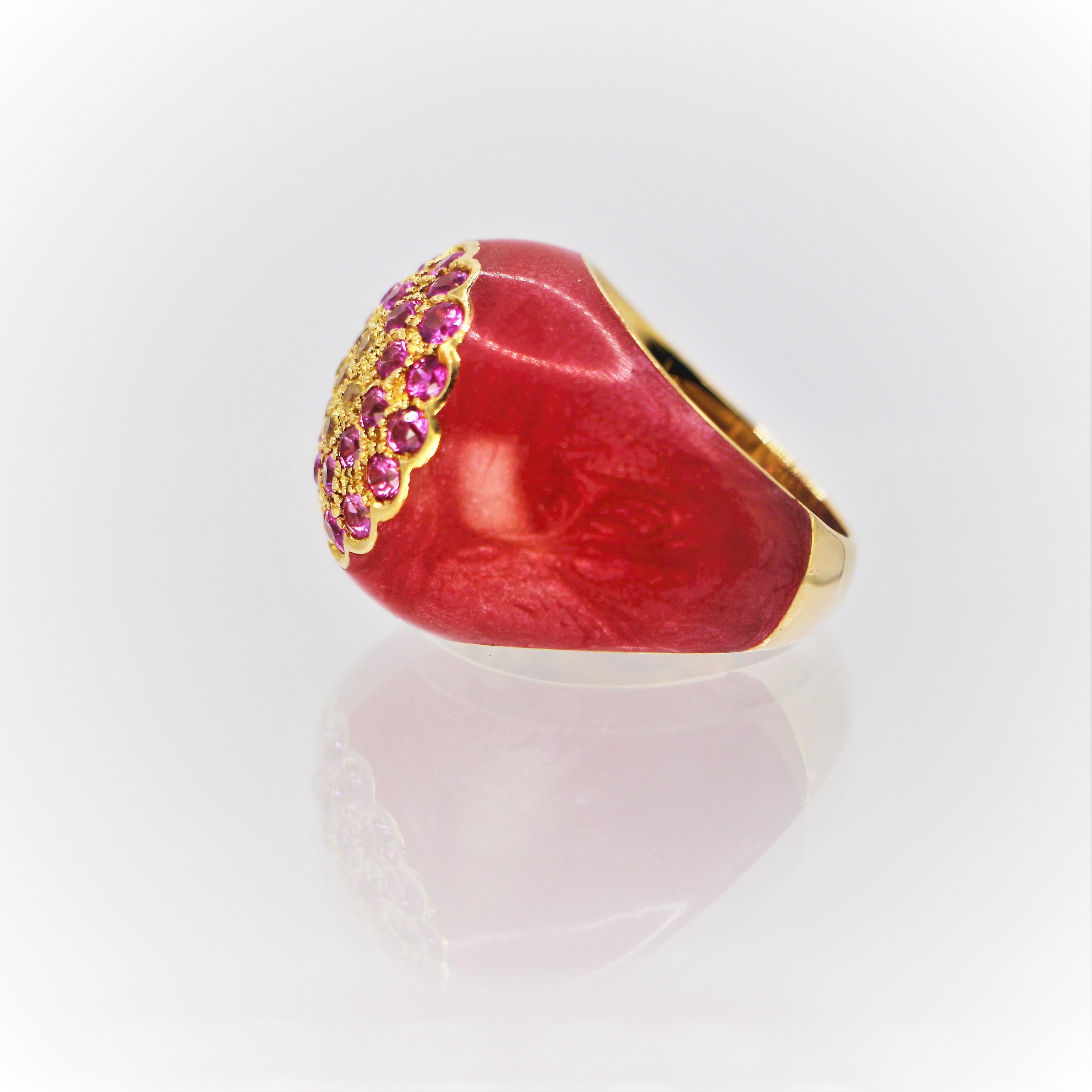 Brilliant Cut Dome Enamel in Coral Red Color 18Kt Gold Ring with Pink and Yellow Sapphires For Sale