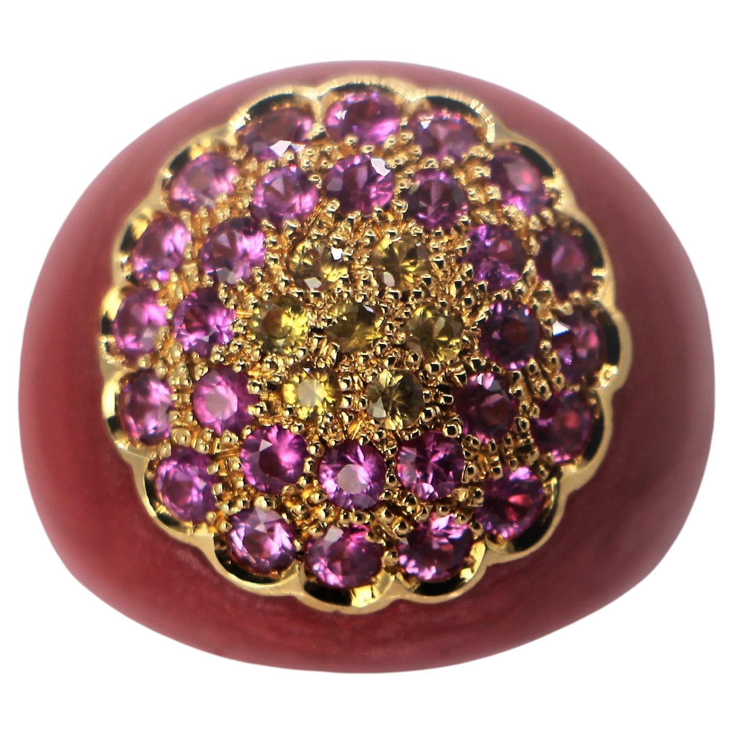 Dome Enamel in Coral Red Color 18Kt Gold Ring with Pink and Yellow Sapphires