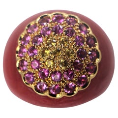 Used Dome Enamel in Coral Red Color 18Kt Gold Ring with Pink and Yellow Sapphires