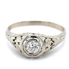 Dome Filigree Ring - 18K White gold dome ring, 0.15ct old European cut diamond