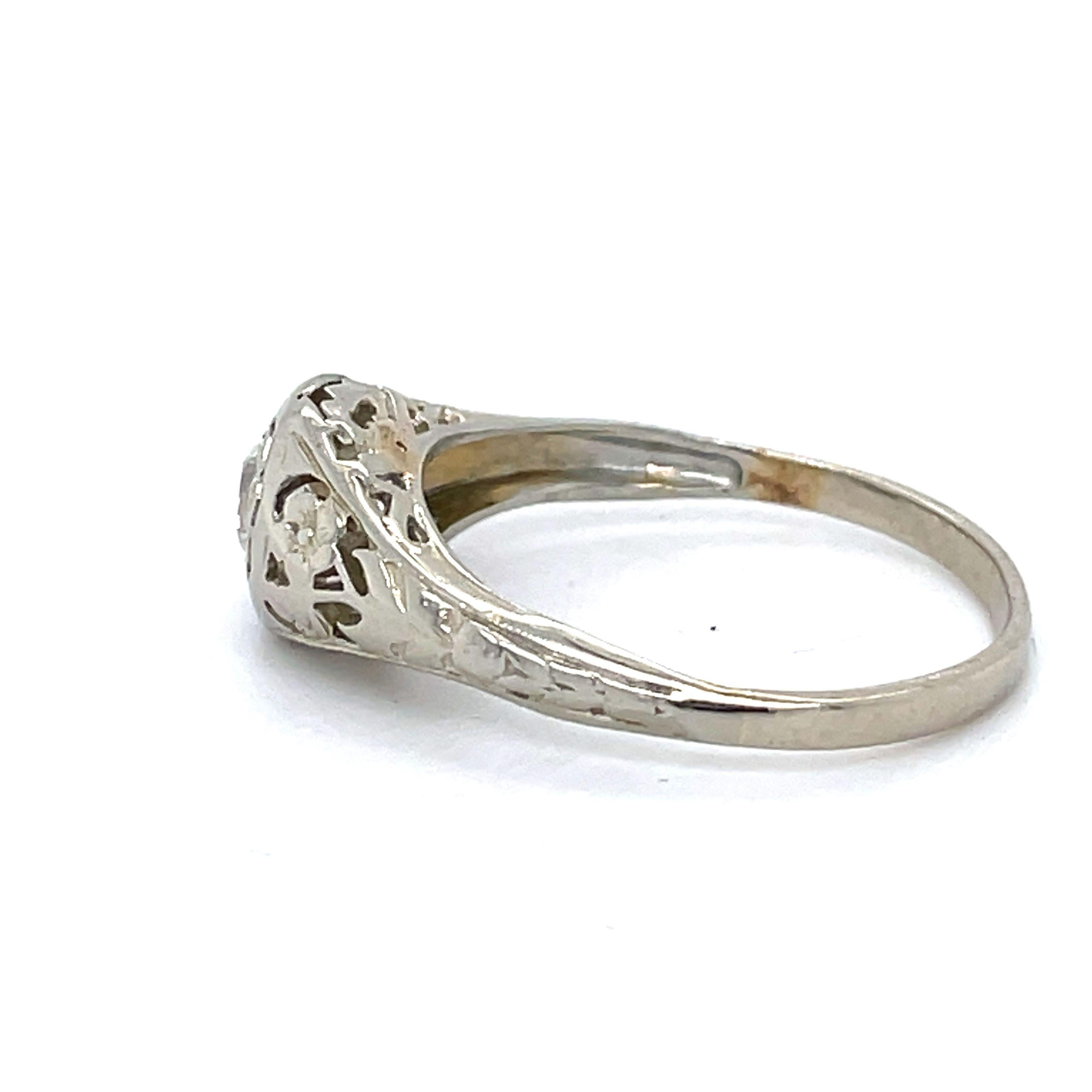 Art Deco Dome Filigree Ring - 18K White gold dome ring, 0.15ct old European cut diamond For Sale