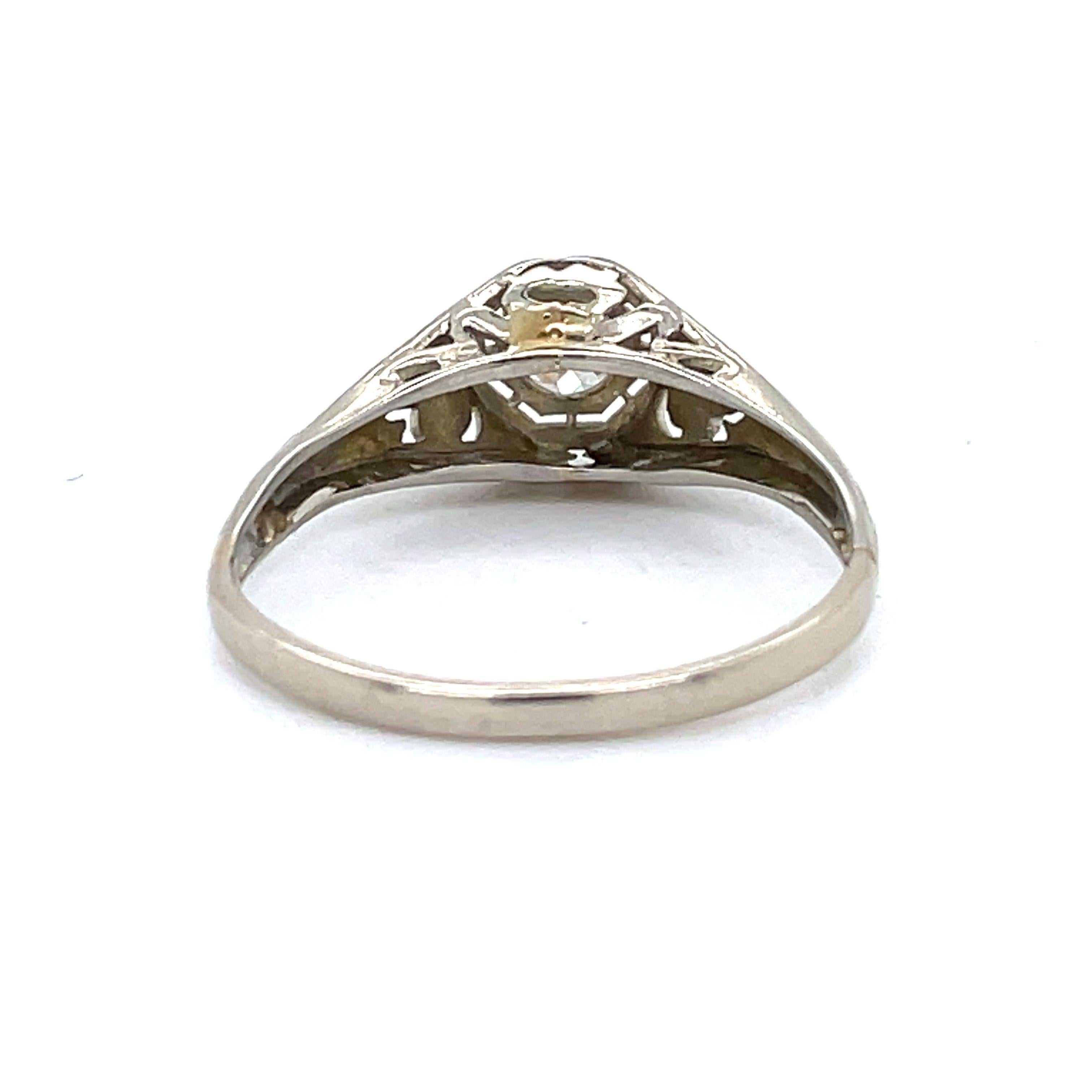 Art Deco Dome Filigree Ring - 18K White gold dome ring, 0.15ct old European cut diamond For Sale