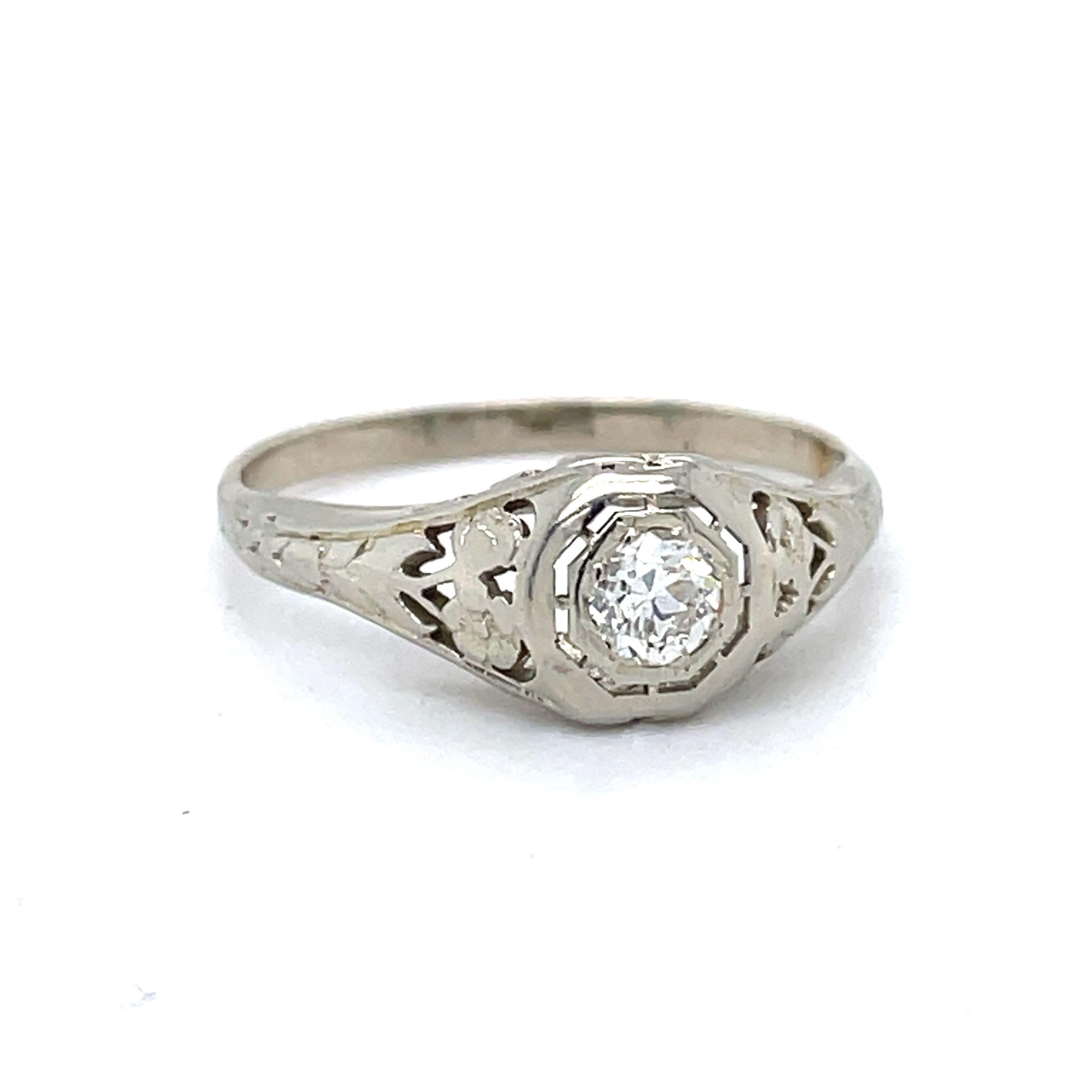 Women's or Men's Dome Filigree Ring - 18K White gold dome ring, 0.15ct old European cut diamond For Sale