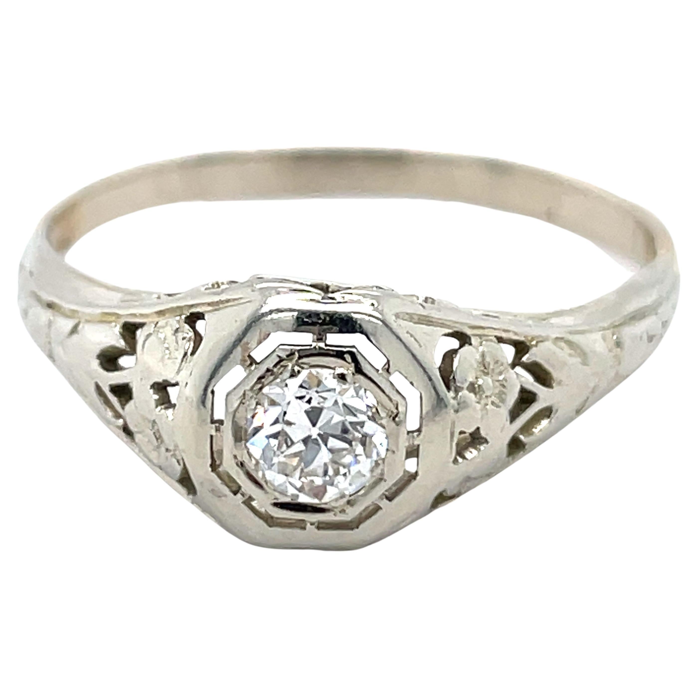 Dome Filigree Ring - 18K White gold dome ring, 0.15ct old European cut diamond For Sale