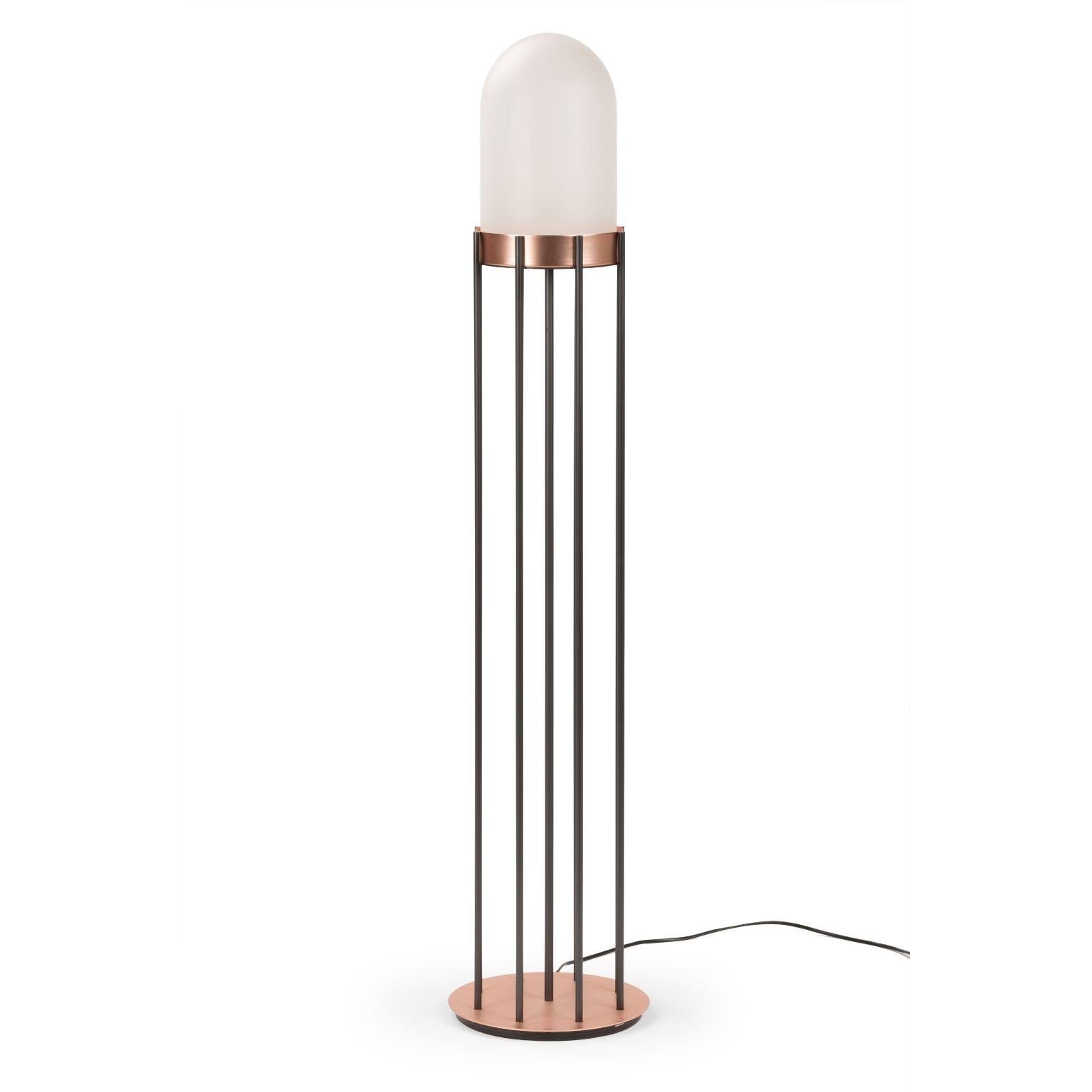 Dome floor lamp by Mingardo
Dimensions: D28x H135 cm 
Materials: Burnished iron structure with copper details, blown glass.
Weight: 15 kg

Also Available in different finishes.

All our lamps can be wired according to each country. If sold to