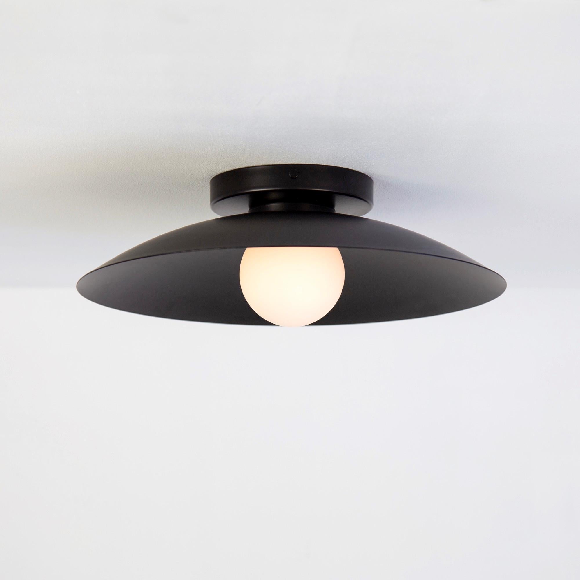 This listing is for 1x Dish Flush Mount in Black designed and manufactured by Research.Lighting.

Materials: Steel, Glass
Finish: Powder Coated Steel in black
Electronics: 1x G9 Socket, 4.5 Watt LED Bulb (included), 450 Lumens
UL Listed. Made in the