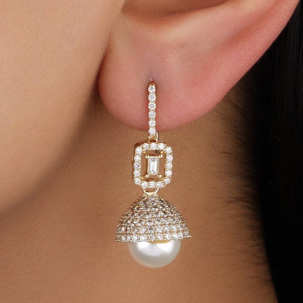 Art déco Boucles d'oreilles dôme perle et diamant en or massif 14k (certifié) en vente