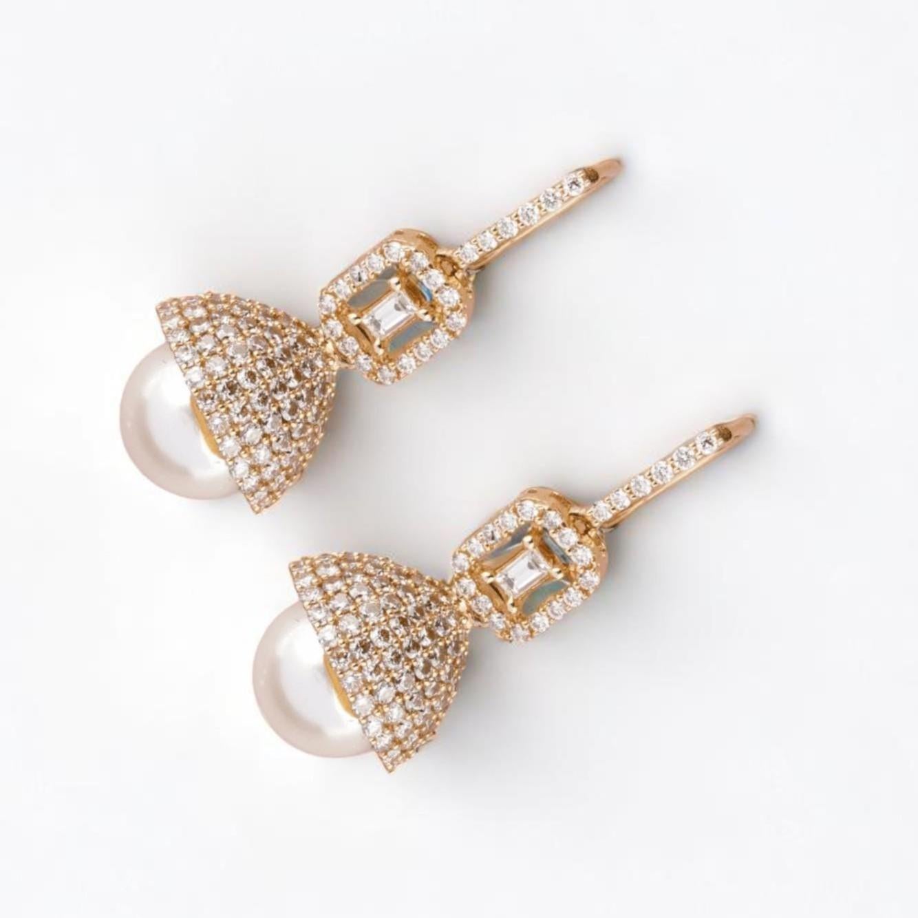Boucles d'oreilles dôme perle et diamant en or massif 14k (certifié) Pour femmes en vente