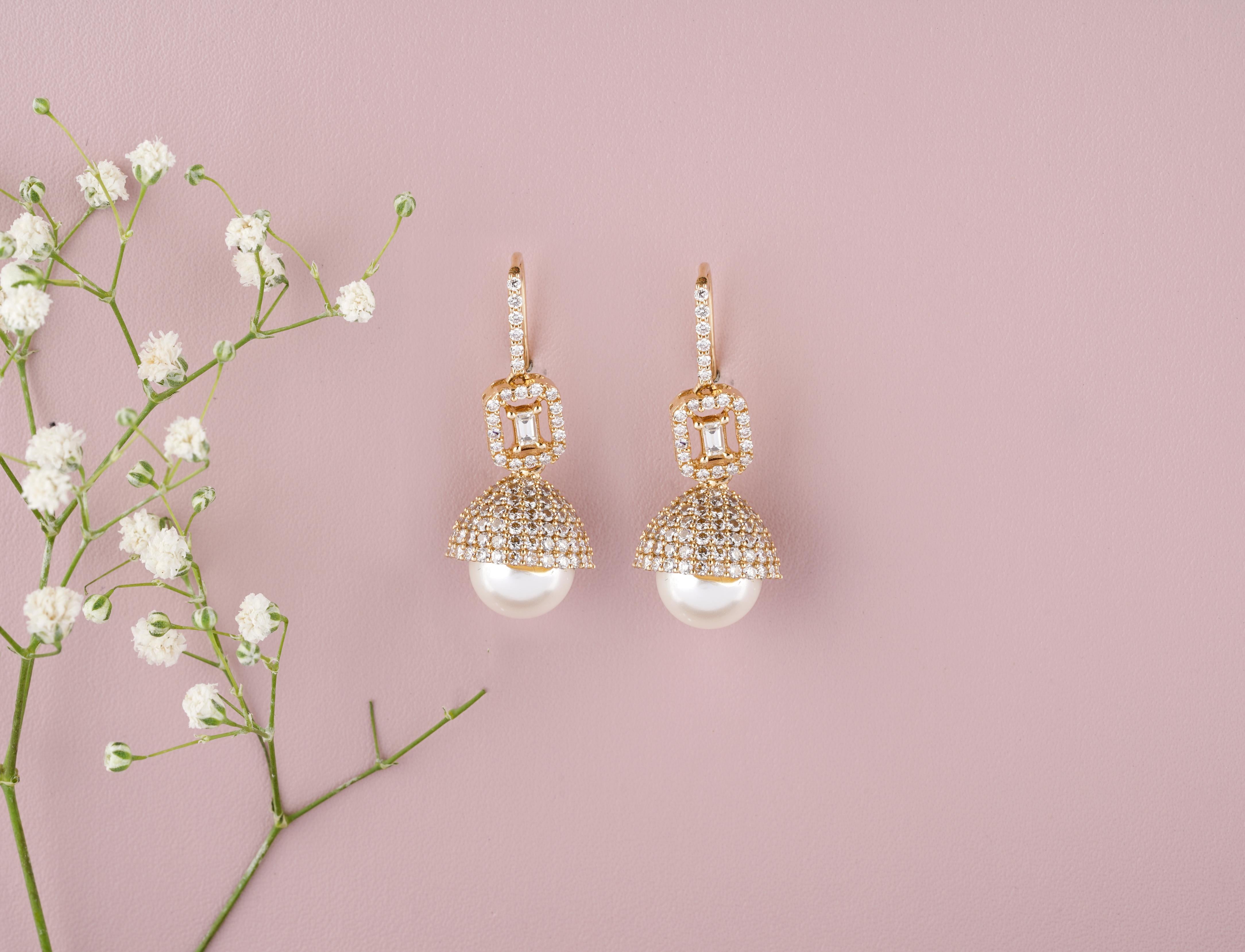 Boucles d'oreilles dôme perle et diamant en or massif 14k (certifié) en vente 2